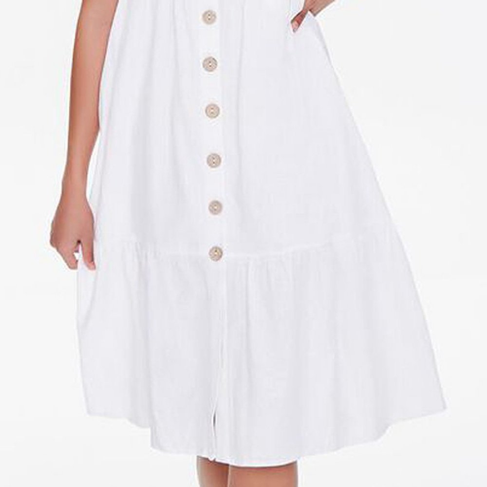 NEW Ivory Linen Blend Tie Straps Button Midi Dress - Picture 7 of 10